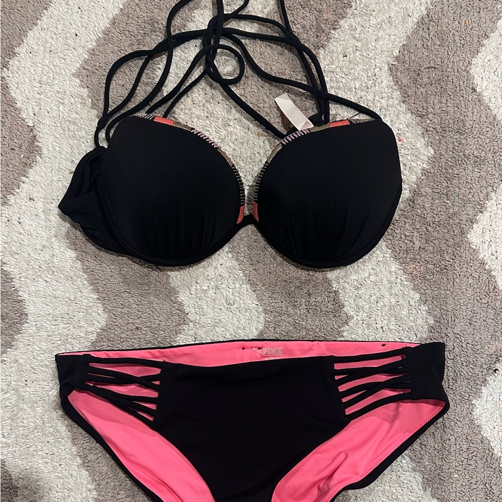 Victoria's Secret Black and Pink Strappy Bikini